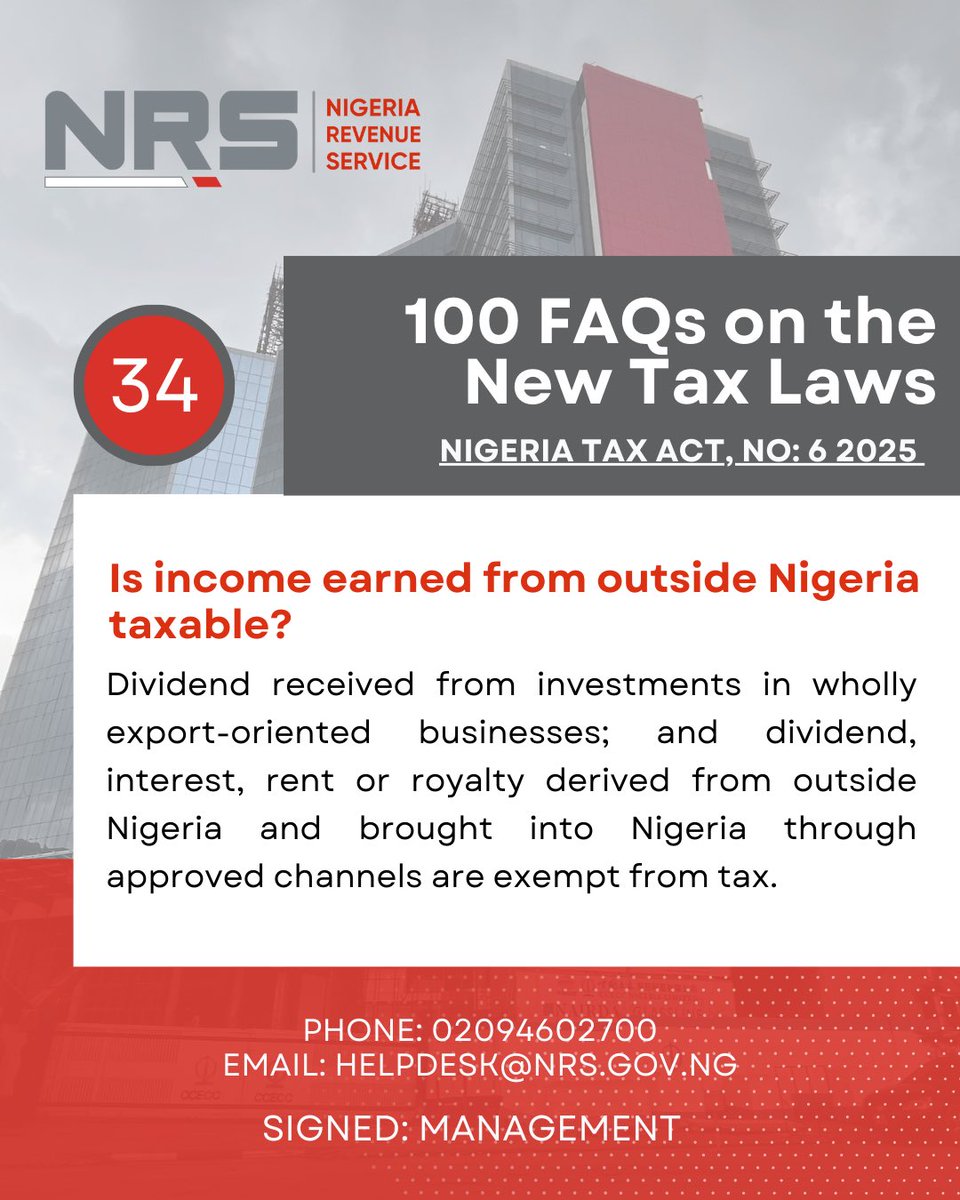 NigeriaRevenue's tweet photo. Day 5: The New Tax Laws are here. Check out our FAQs for clear answers and guidance 📑. #NRS #NewTaxLaws https://t.co/eU4vYzU8ii