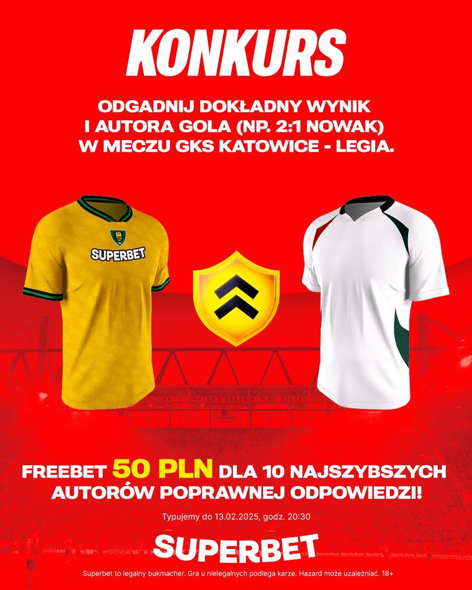 #KONKURS! Wytypuj w odpowiedziach dokładny wynik oraz autora gola ⚽️ w meczu <a href="/_GKSKatowice_/">GKS Katowice</a> - Legia Warszawa i zgarnij freebet! #GKSLEG 
--
✅ Zaobserwuj <a href="/SuperbetPL/">Superbet</a>
❤️ Polub wpis i 🔄 podaj go dalej
👤 Dodaj nick z Superbet
🎁 Nagroda = FREEBET 50 PLN
Regulamin: