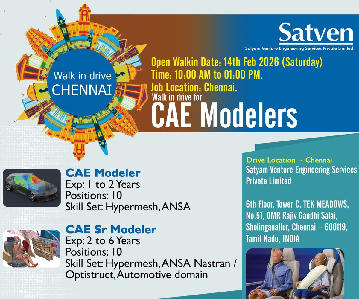 Career Opportunity at Satven Chennai!  

We’re conducting a Walk‑In Drive on 14th February 2026 for CAE Modelers &amp; Senior Modelers with expertise in Hypermesh.

Share your profile with kumar_munusamy@satven.com and take the next step in your career!

#ChennaiJobs #JobsinChennai