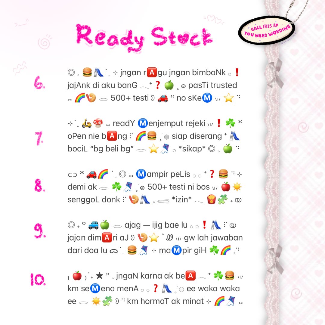 wordinh's tweet image. ⠀
📭🍤  :  help retweet, tysm!  ♡%

☘️🛝  ..  [ BIO WORDING @ jamethetic ]  🍎💧  freshly made  ☀️  come grab these colorful babies, only 3.500 @ each  🍔🪁

⭐️  ——   #zonauang rs ready stock  🧩