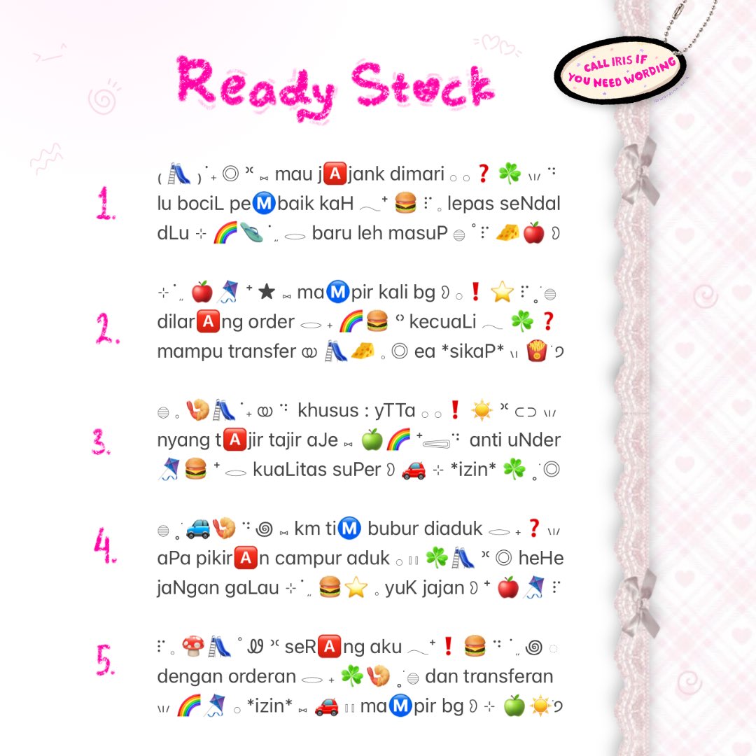 wordinh's tweet image. ⠀
📭🍤  :  help retweet, tysm!  ♡%

☘️🛝  ..  [ BIO WORDING @ jamethetic ]  🍎💧  freshly made  ☀️  come grab these colorful babies, only 3.500 @ each  🍔🪁

⭐️  ——   #zonauang rs ready stock  🧩