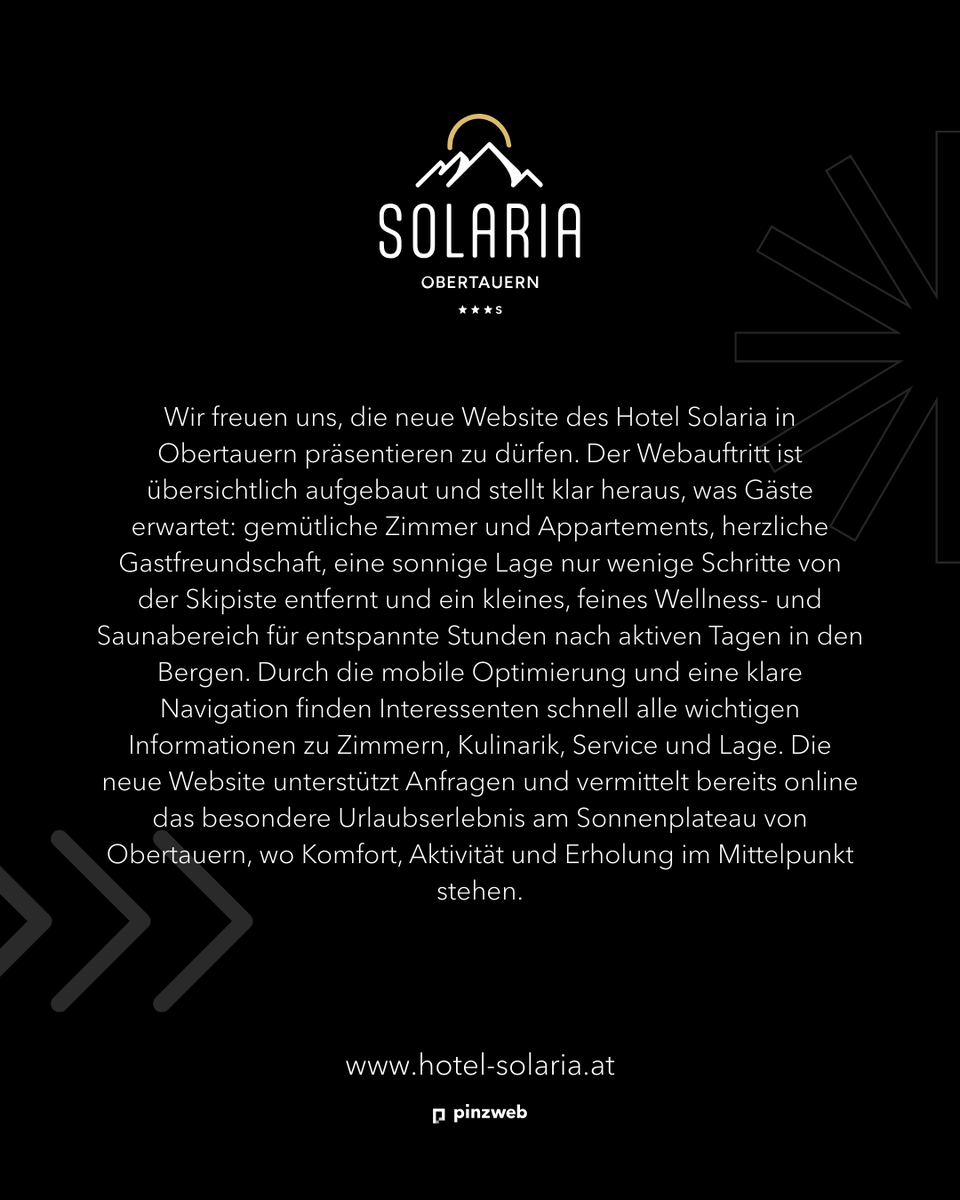 Pinzweb_at's tweet photo. 🏔️ Hotel Solaria – Urlaub digital erlebbar 🏔️
Für das Hotel Solaria haben wir einen modernen, einladenden Webauftritt umgesetzt – klar strukturiert und perfekt auf die Bedürfnisse der Gäste abgestimmt.
Jetzt entdecken: https://t.co/GsFuOCxCue
#webdesign #referenz #hotel https://t.co/GK1BhkczdQ