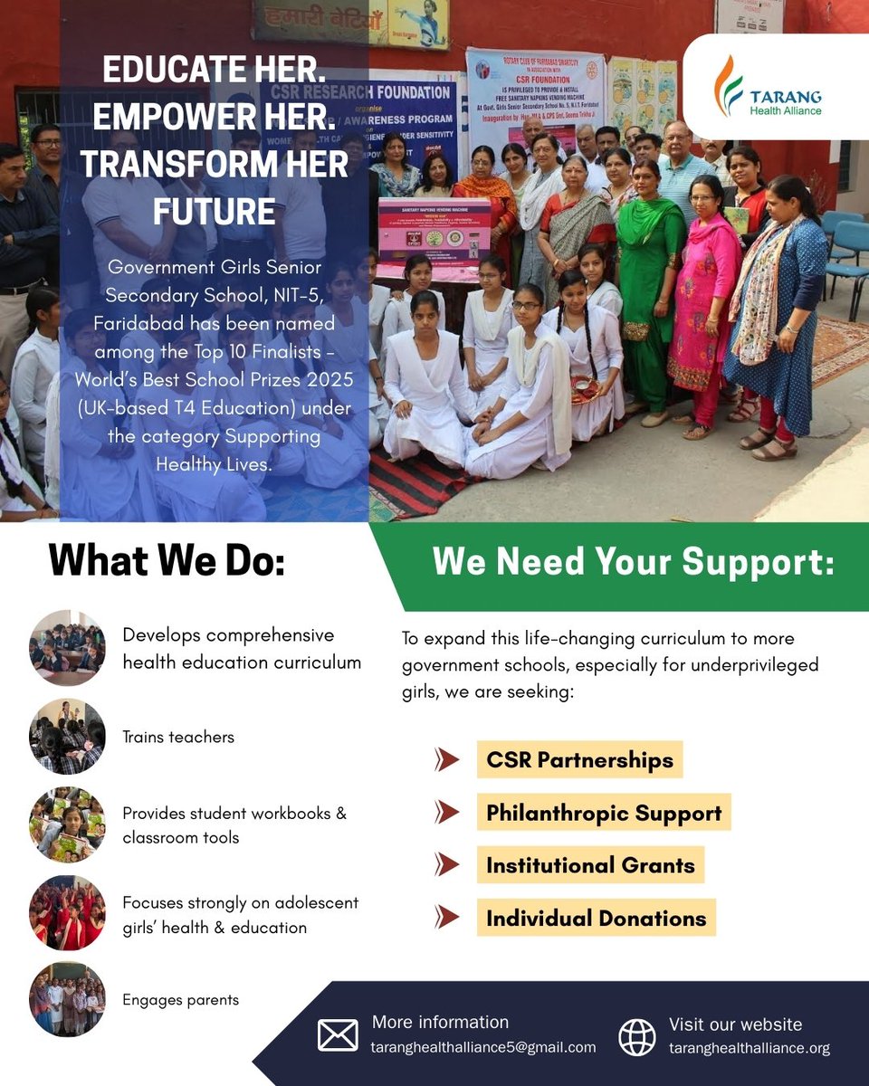 TarangHealth's tweet photo. Our health education program at Govt. Girls Sr. Sec. School, NIT-5 Faridabad helped the school become a Top 10 Finalist for the World’s Best School Prizes 2025 by T4 Education.
Support us to expand health education, futures
Mail ID: taranghealthalliance@gmail.com
#CSRSupport https://t.co/z8sKDpfXom