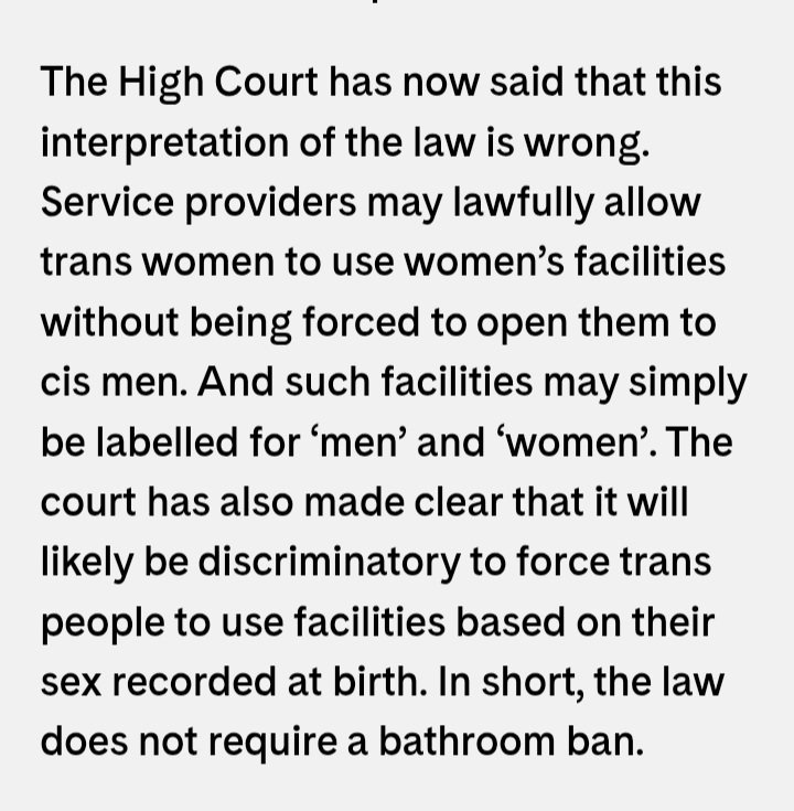 Told you all. There is no UK ban on trans people using spaces that match who they are, now this is confirmed by the High Court.