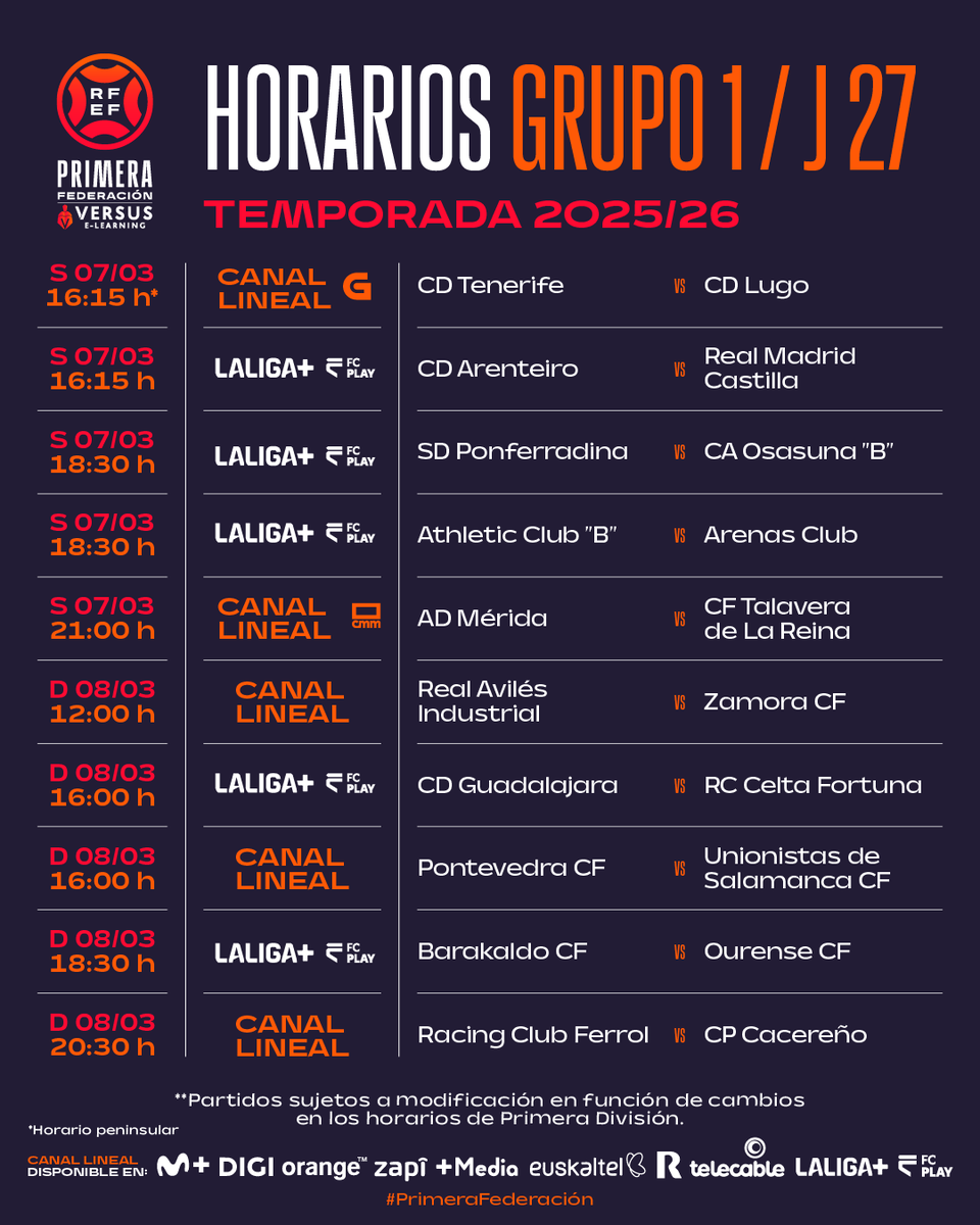 Oficial los horarios de la 27ª jornada (del 7 al 8 de marzo), de la temporada 2025-26, en el Grupo I de <a href="/Primera_RFEF/">Primera Federación Versus e-Learning</a>:

🆚 <a href="/CDTOficial/">CD Tenerife 🏴󠁧󠁢󠁳󠁣󠁴󠁿</a> - <a href="/CDeportivoLugo/">Club Deportivo Lugo 🪓</a>

📅 Sábado 7 de marzo.

⏰ 15:15 (hora insular).

🏟️ Heliodoro Rodríguez López.

📺 Plataformas de pago.

#HorariosCDT