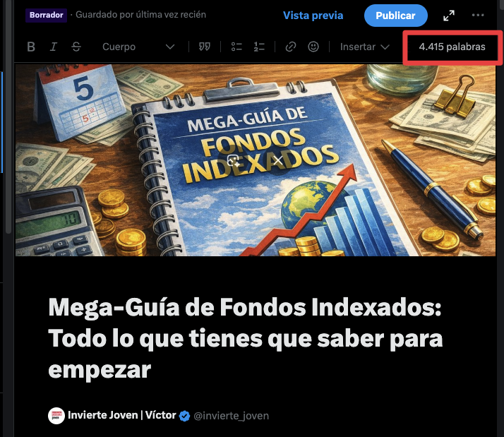 Acabo de transformar la Guía de Fondos Indexados que tengo de pago, en un Artículo de X de +4.000 palabras, accesible para todo el mundo gratis

Literalmente todo lo que hay que saber para empezar a invertir

Si apoyáis este tweet y me seguís (<a href="/invierte_joven/">Invierte Joven | Víctor</a>), lo publico mañana