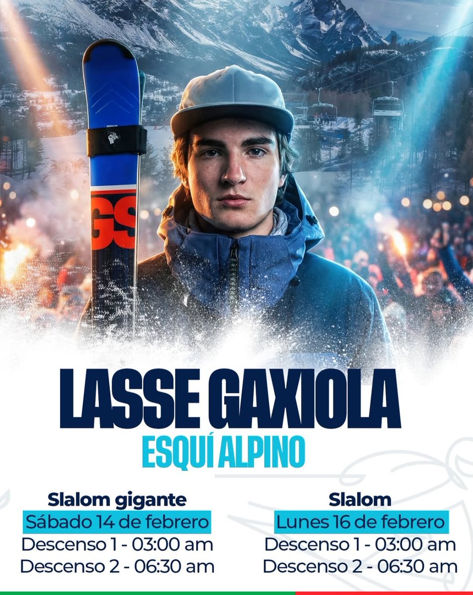 🔥 Lo sci alpino messicano continua a brillare a <a href="/milanocortina26/">Milano Cortina 2026</a>!
Questo weekend è il momento di Lasse Gaxiola, pronto a gareggiare in due prove decisive.
Facciamo sentire il nostro sostegno: ogni discesa è un gesto di coraggio e orgoglio messicano. 🇲🇽⛷️
🧵