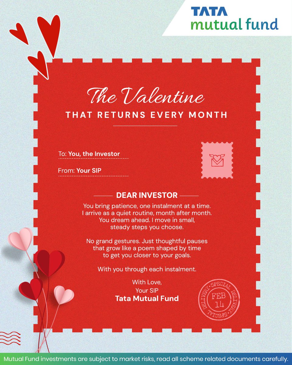 TataMutualFund's tweet photo. Love is about growing together. So is wealth.โค๏ธ
Share this with someone you care about, encourage them to start their SIP today, and wish them a Happy Valentineโs Day.
#ValentinesDay #LoveInSmallInstalments #SIP #StartYourSIP #TataMutualFund #InvestingJourney #MutualFundSahiHai https://t.co/3J8mi0aqe0