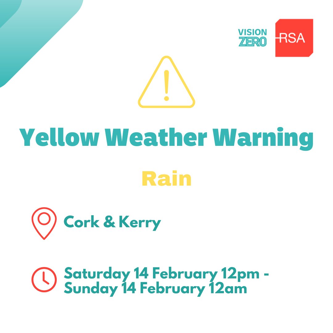 RSAIreland's tweet image. Met Éireann issued a new Yellow Rainfall warning for Cork &amp;amp; Kerry, due tomorrow at 12pm.

With reports of flooding, drivers are urged to take care on the road.

#VisionZero