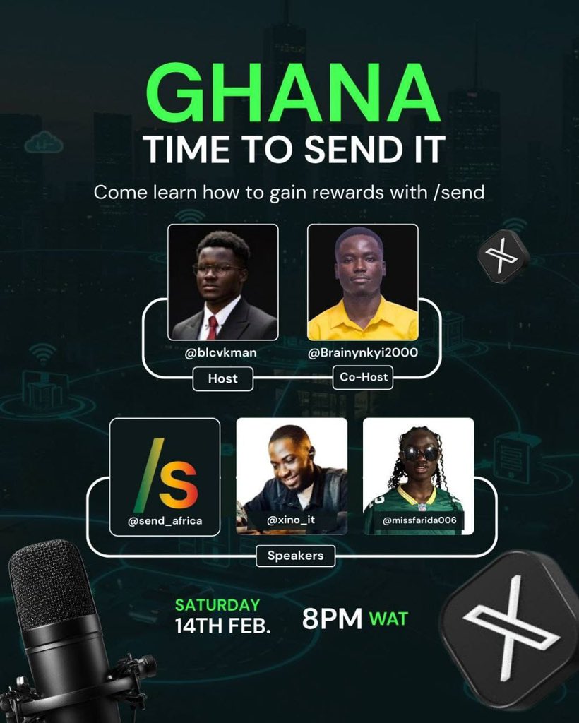 𝗦𝗘𝗡𝗗 𝗧𝗔𝗞𝗘𝗢𝗩𝗘𝗥: 𝗚𝗛𝗔𝗡𝗔 𝗘𝗗𝗜𝗧𝗜𝗢𝗡 🇬🇭
The <a href="/send_africa/">Send Africa</a> team is inviting everyone to our twitter Space specially for our Ghanaian community where we’ll be breaking down what the Send ecosystem is really about, how it works, why it matters and what’s coming next.