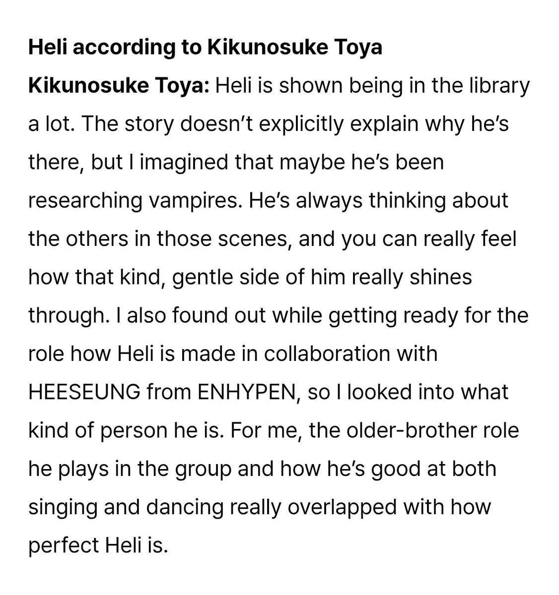 Heeseungs_eomma's tweet image. Heli according to Kikunosuke Toya

Kikunosuke Toya: I also found out while getting ready for the role how #HELI is made in collaboration with #HEESEUNG from #ENHYPEN, so I looked into what kind of person he is. 
(+)