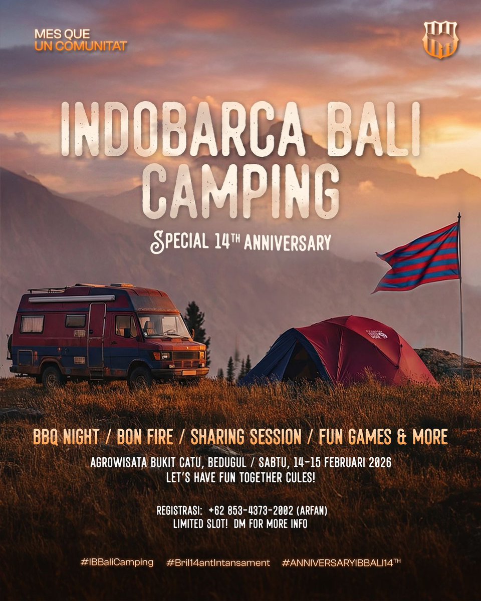 Daripada pusing liat skor tadi pagi, mending ikut camping healing bareng2 yuk semecul. Yang mau join masih ada slot sedikit lagi seru”an bareng 30 peserta lainnya! 🏕️🔵🔴

#IBBalicamp2026
#Bril14ntintensament 
#IndobarcaBali
#ForcaIndobarca
