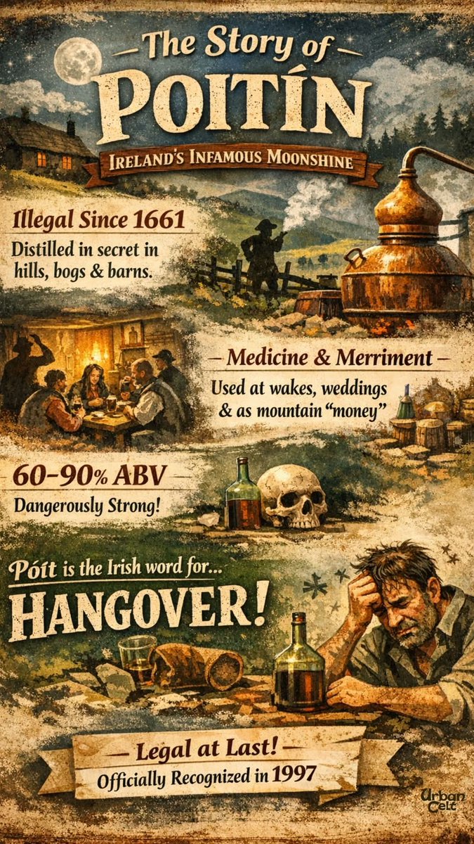 Poitín (or poteen) is more than just a strong Irish drink, it’s a story of survival, rebellion &amp; rural ingenuity ☘️

The name comes from pota, meaning a small pot, after the little copper stills hidden in hills, bogs &amp; barns across Ireland 🇮🇪

#History #Ireland #Poitín #Rebellion