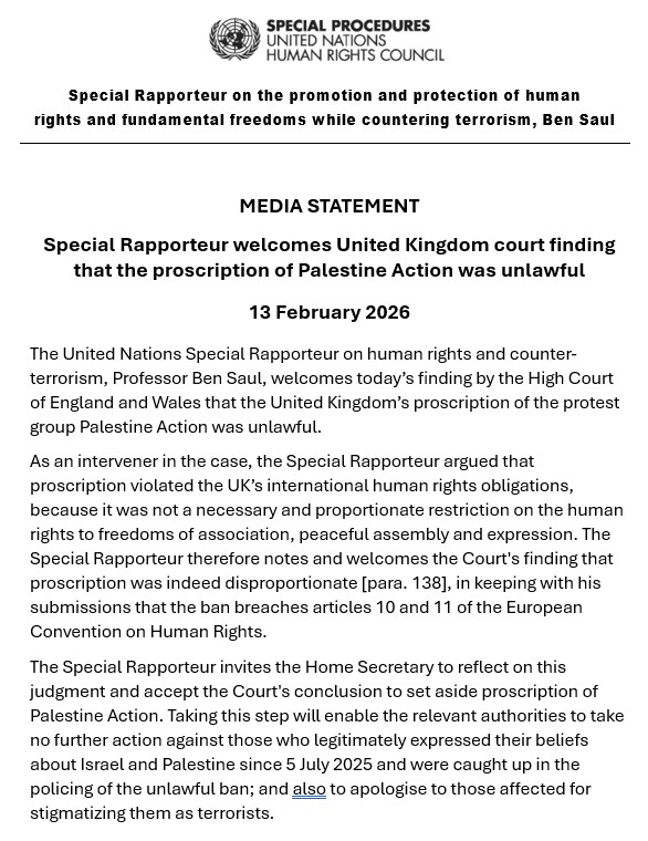 MEDIA STATEMENT: Special Rapporteur welcomes United Kingdom court finding that the proscription of Palestine Action was unlawful