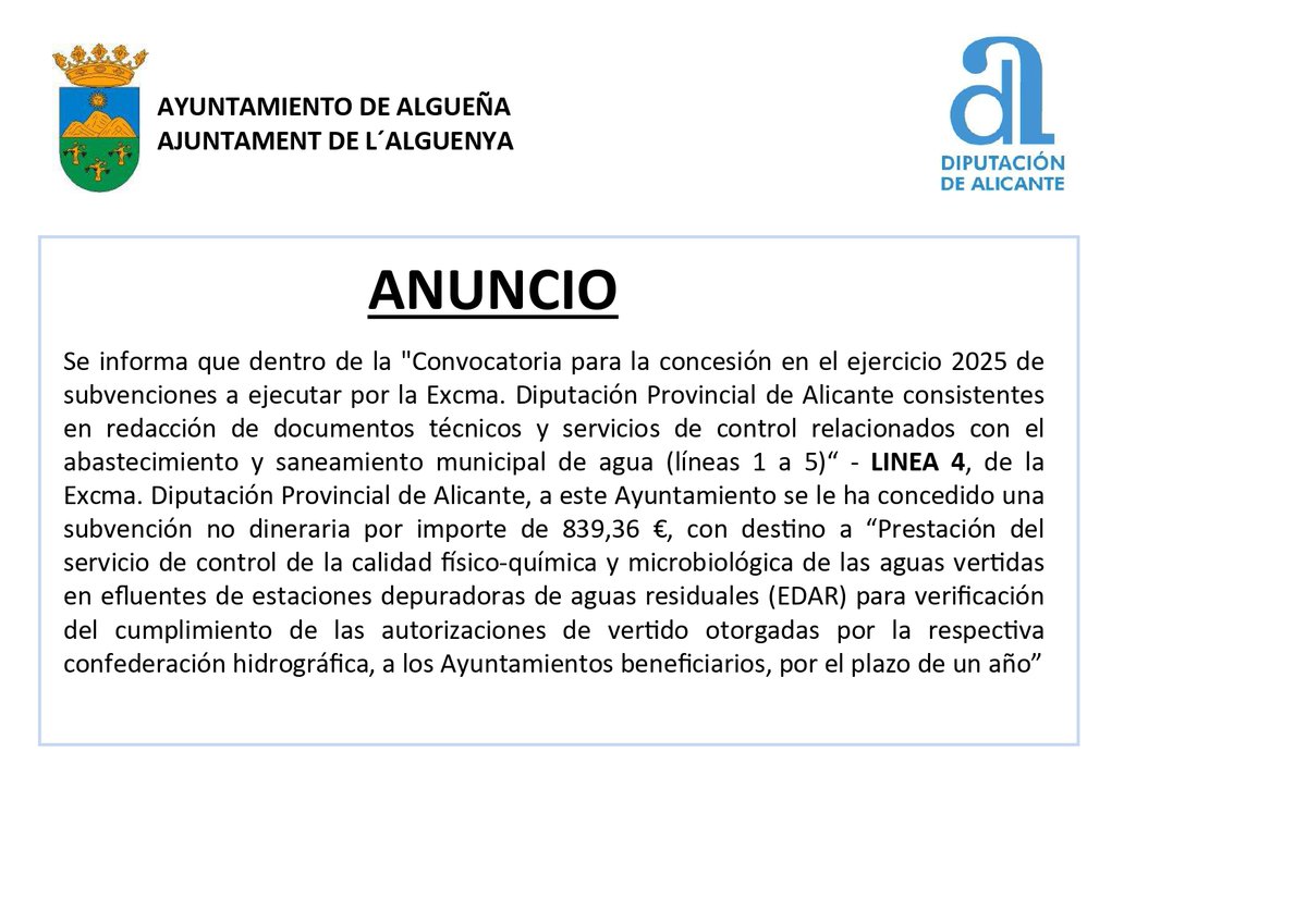 aytoalguenya's tweet image. 📢ANUNCIO - #Subvención otorgada con destino a "Prestación del servicio de control de calidad físico-química y microbiológica de las aguas vertidas en efluentes de estaciones depuradoras de aguas residuales (EDAR). Línea 4.
@aytoalguenya  @dipuAlicante #Algueña #lAlguenya