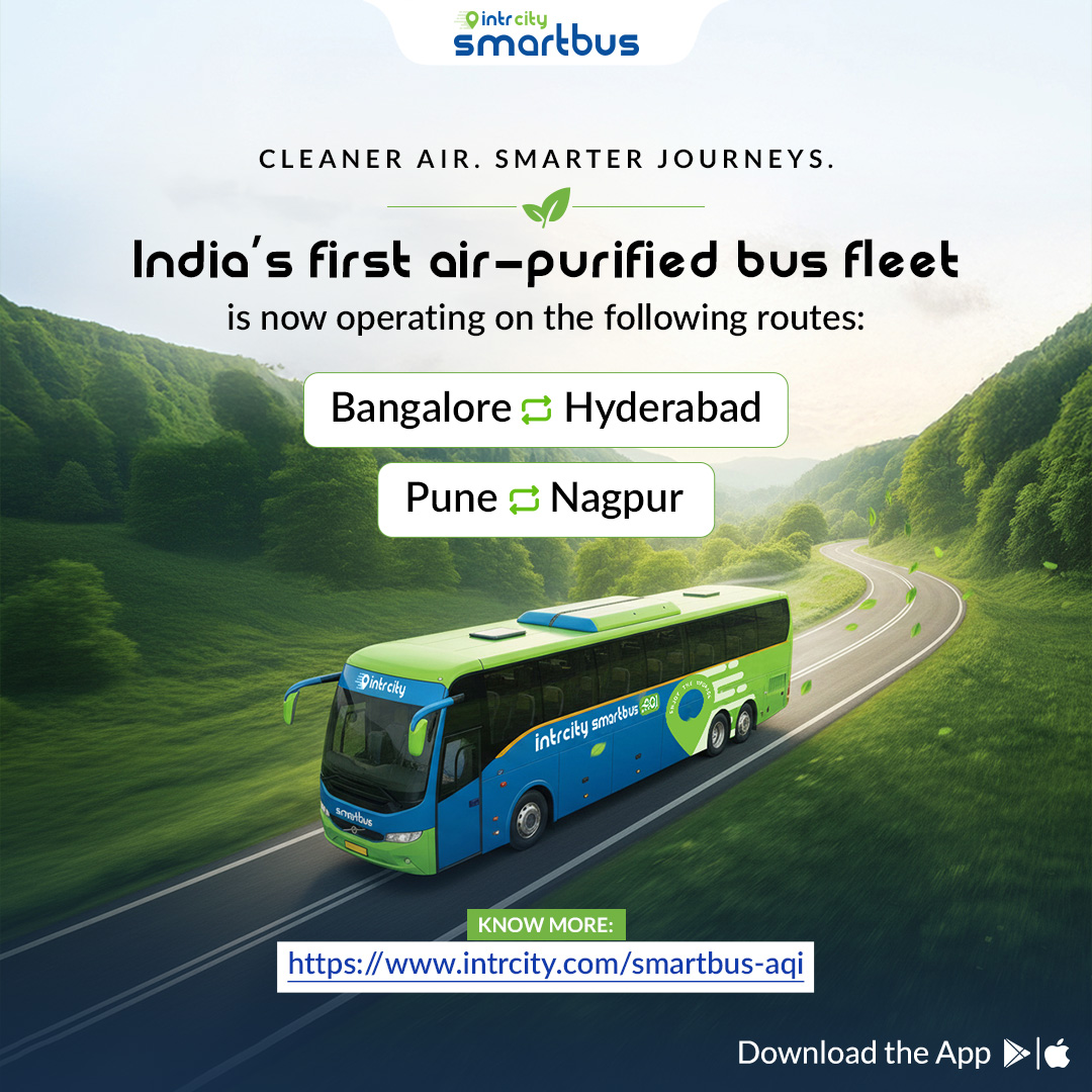 Say hello to IntrCity SmartBus.AQI - India’s first-ever air-purified bus fleet, now in Pune, Hyderabad, Nagpur and Bangalore!
Together with Respirer, we’ve integrated science-backed purification technology to keep your cabin air clean, fresh, and healthy.