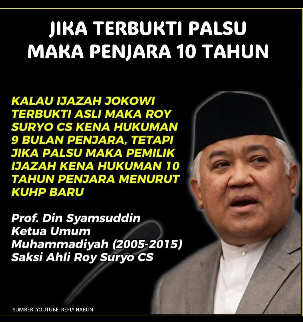 KALAU IJAZAH JOKOWI TERBUKTI ASLI MAKA ROY SURYO CS KENA HUKUMAN 9 BULAN PENJARA...

TETAPI JIKS PALSU MAKA PEMILIK IJAZAH KENA HUKUMAN 10 TAHUN PENJARA, MENURUT KUHP BARU....‼️

#JokowiPengacauNegara
#JokowiPengacauNegara 
🆘🆗