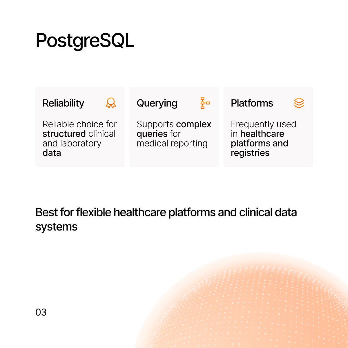 IspirerSystems's tweet photo. 🏥 #Healthcare systems handle large amounts of sensitive data, so database choice needs extra care. There’s no one-size-fits-all option, but some databases are used more often in healthcare. Scroll through the cards to see which ones 👉

#DatabaseMigration #SQLWays #Ispirer https://t.co/ikmoR3L6uG