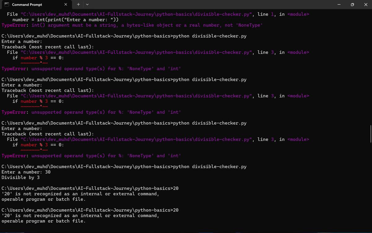 dev_muhd's tweet image. Stopped guessing. Started debugging.

✔ Fixed int(print())
✔ Understood why print() returns None
✔ Solved NoneType % int
✔ Built a CLI divisible checker

Understanding &amp;gt; Copy-paste.

#Python #BuildInPublic #100DaysOfCode #DevJourney