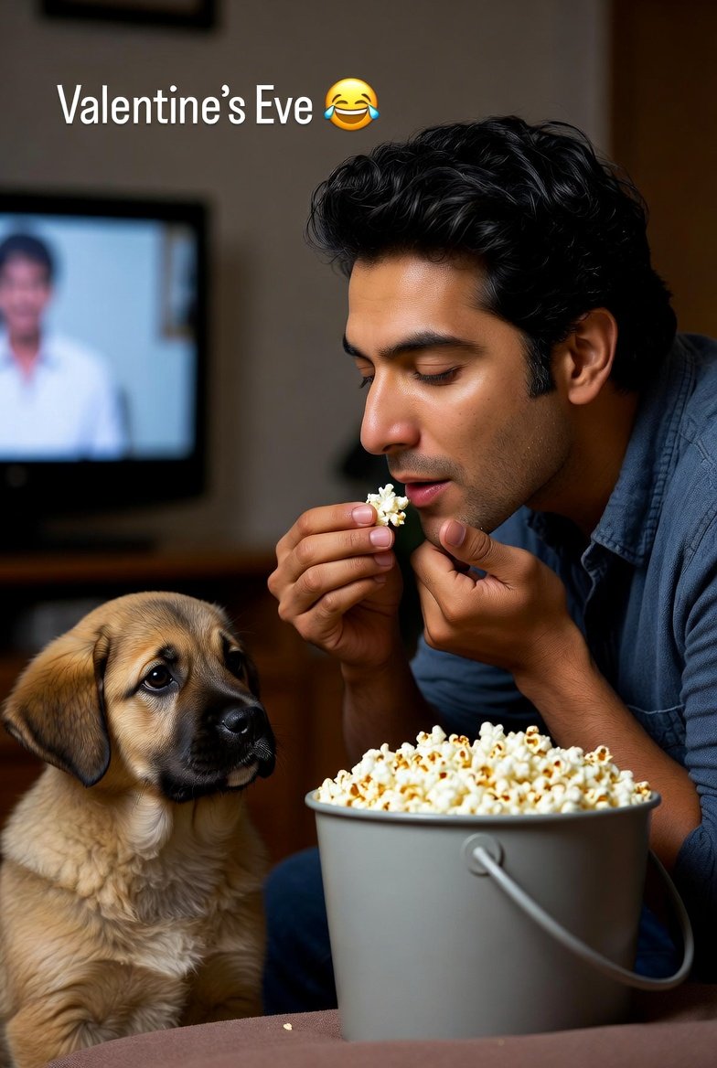 "Valentine's Eve alert: 💔 🍿 🐶 

Single gang, aaj raat ka scene kya set hai?  😭😂

A) Bae ke saath candlelight dinner  (couple log flex mat karo hum jealous ho rahe ) 🤣

B) Popcorn bucket + Netflix + sad puppy cuddle (mera asli Valentine yeh bowl aur yeh cutie hai ) 💕 🐕