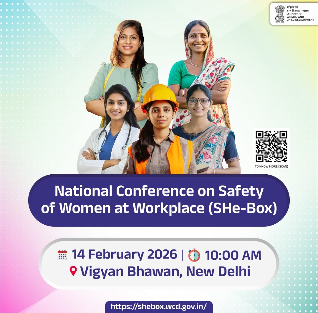 ICMR_RMRCGKP's tweet image. The Ministry of Women &amp;amp; Child Development is organizing the National Conference on Safety of Women at Workplace (SHe-Box) on 14 Feb 2026, 10:00 AM at Vigyan Bhawan, New Delhi
🎥 Watch live: webcast.gov.in/mwcd

Info: shebox.wcd.gov.in
@DeptHealthRes @icmrdelhi
#SHeBox