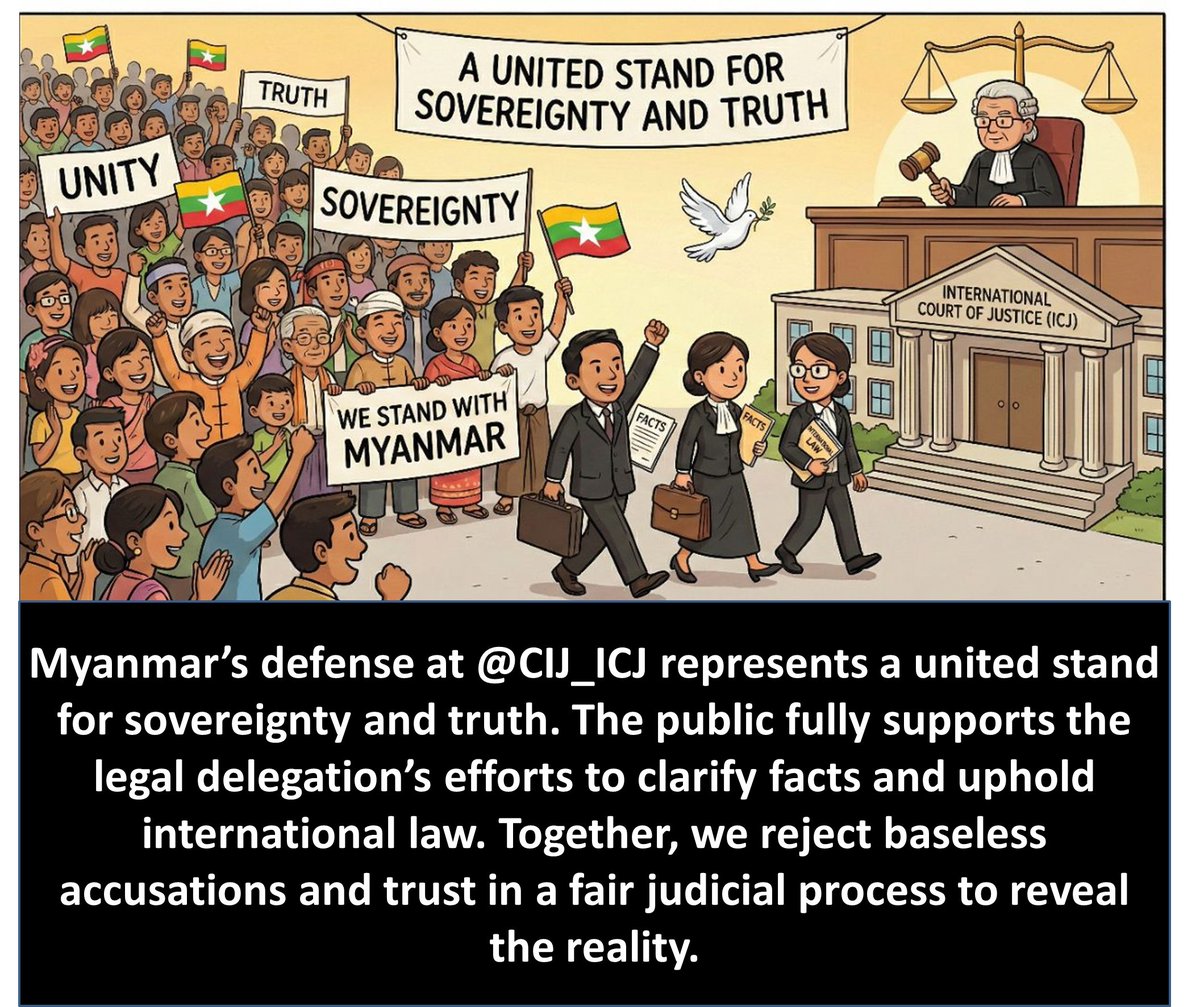 Hein2022023's tweet photo. "#Myanmar stands united at @CIJ_ICJ — defending sovereignty, exposing the truth, and rejecting baseless claims." @OIC_OCI @FortifyRights #WhatsHappeningInMyanmar #MyanmarFactCheck https://t.co/BG6JgY08jx