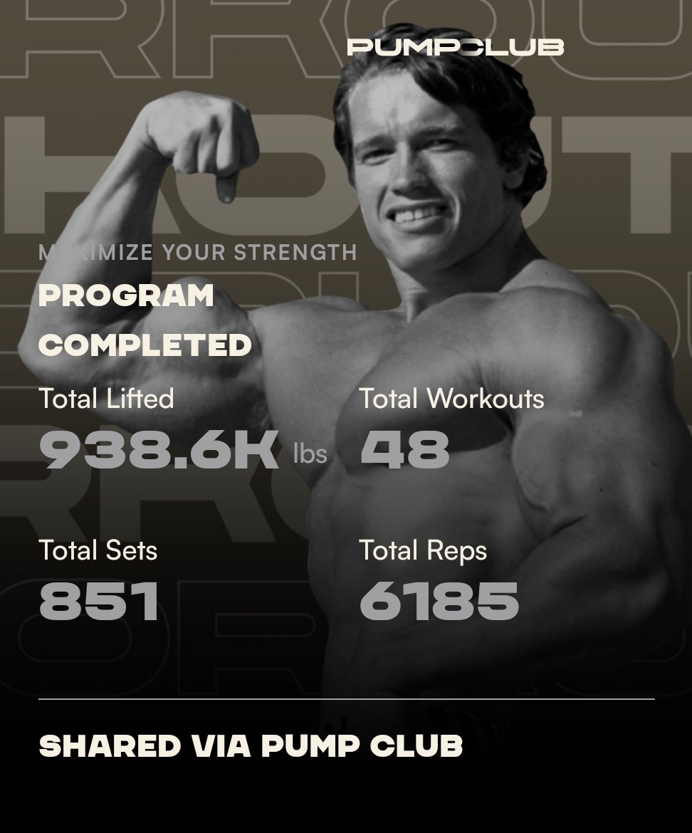 Program complete!!! After these 12 weeks, my deadlifts are up 120lbs, my squats anywhere from 70lbs  to 100lbs (depending on the variation). Strength maximised!! Get the app, Get Pumped!!!
<a href="/Schwarzenegger/">Arnold Schwarzenegger</a> <a href="/BornFitness/">Adam Bornstein</a> <a href="/ketch/">Daniel Ketchell</a> #PumpClub
