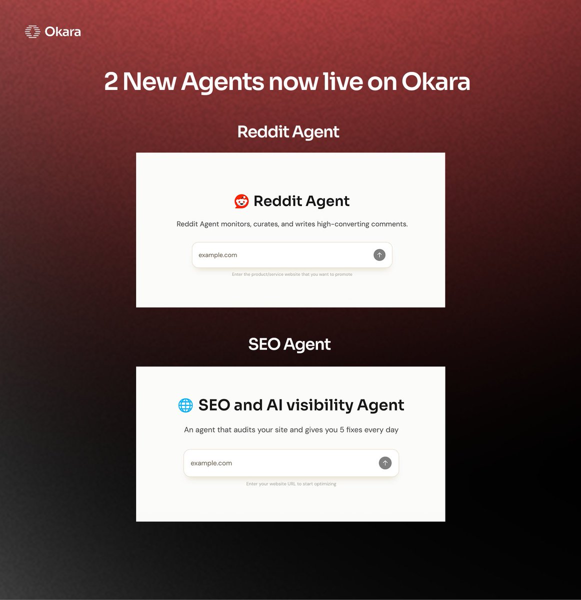 in case you missed it, we shipped 2 new agents on okara

1. seo agent: an agent that helps you rank on google and get mentioned in ai answers. you can try it at okara.ai/seo

2. reddit agent: an agent that helps you get users/clients via reddit. you can try it at