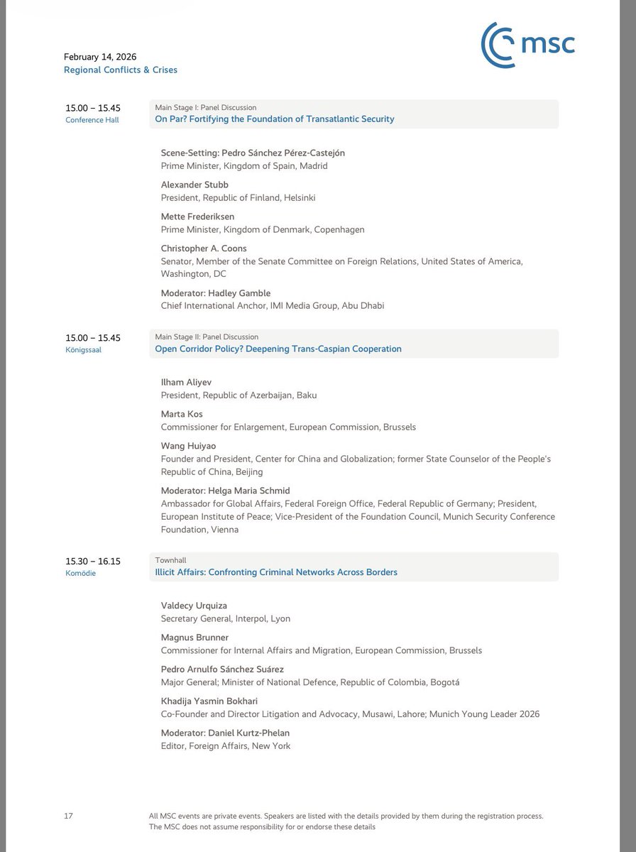 🇦🇿🇩🇪 On 14 February 2026, President Ilham Aliyev will participate in the Munich Security Conference 2026 in Munich.

As part of the official MSC agenda under Regional Conflicts &amp; Crises, President Aliyev will speak at the panel discussion:

“Open Corridor Policy? Deepening