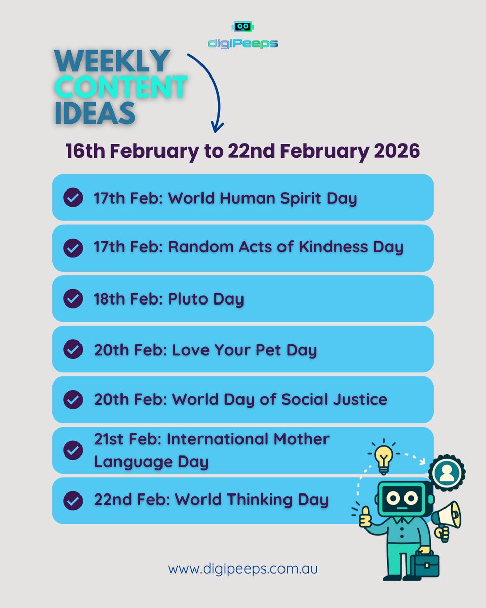 digiPeepsAU's tweet image. A week full of perspective and purpose 

From Random Acts of Kindness Day to Pluto Day, plus moments to reflect on resilience and big ideas with World Human Spirit Day and World Thinking Day. Think big, act kind.

#digipeepsau #contentideas #weeklyevents