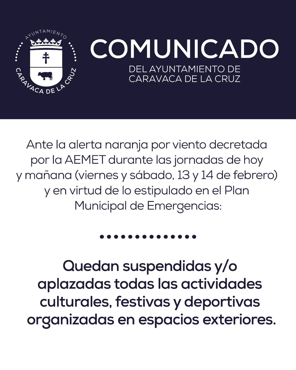🟠🌬 Ante la alerta naranja por viento para las jornadas de hoy y mañana, viernes 13 y sábado 14 de febrero, quedan suspendidas y/o aplazadas todas las actividades culturales, festivas y deportivas organizadas en espacios exteriores.