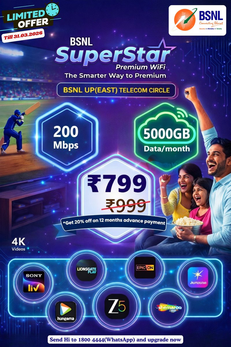BSNL_UPEast's tweet photo. 🏏 Match ka maza ab buffer-free!
Pure family ke saath 4K mein live cricket ka experience 🎉

🚀 200 Mbps Speed
📶 5000GB Data/month
💰 Sirf ₹799

Ab ghar banega Entertainment Stadium!

BSNL UP(EAST) TELECOM CIRCLE
Swadeshi Network. Reliable Connectivity. 💙

#BSNL #BSNLUPEast #SuperStarWiFi #SwadeshiNetwork #FiberInternet #CricketSeason