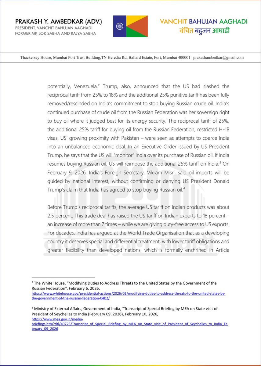 Prksh_Ambedkar's tweet photo. I wrote a letter to Indian National Congress President Shri @kharge and Leader of Opposition Shri @RahulGandhi to propose a nationwide protest seeking transparency and accountability from Prime Minister Narendra Modi in the light of him being mentioned recently in the mails tied to the Jeffery Epstein files, being coerced into a deplorable economic trade deal with the United States of America, and him dodging his responsibility during a crucial clash in the 2020 China-India border conflict. 

Never have we seen a Prime Minister hesitating to take a decision when the aggressors came knocking at our doors! More critically, these events pose a very big question on our beloved nation’s sovereignty, strategic and policy autonomy, raising the possibility that the
Prime Minister Narendra Modi has been compromised due to the personal behaviour in his past and present!

INC is raising these questions in the Lok Sabha, which is commendable, but I am of the opinion that we should take these questions to the masses.

I, on behalf of @VBAforIndia, proposed that @INCIndia together with @VBAforIndia and anti-BJP parties, SC, ST and OBC activists do a nationwide lawful and peaceful protest seeking transparency and accountability from Prime Minister Narendra Modi.