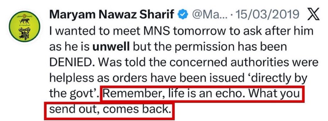 جب عمران خان نوازشریف صاحب اور ان کے خاندان پر ظلم کے پہاڑ توڑ رہا تھا تب مریم نوازشریف صاحبہ نے یہ تاریخی ٹویٹ کی تھی 👇

Remember, Life is an Echo. What you send out, come back 👇