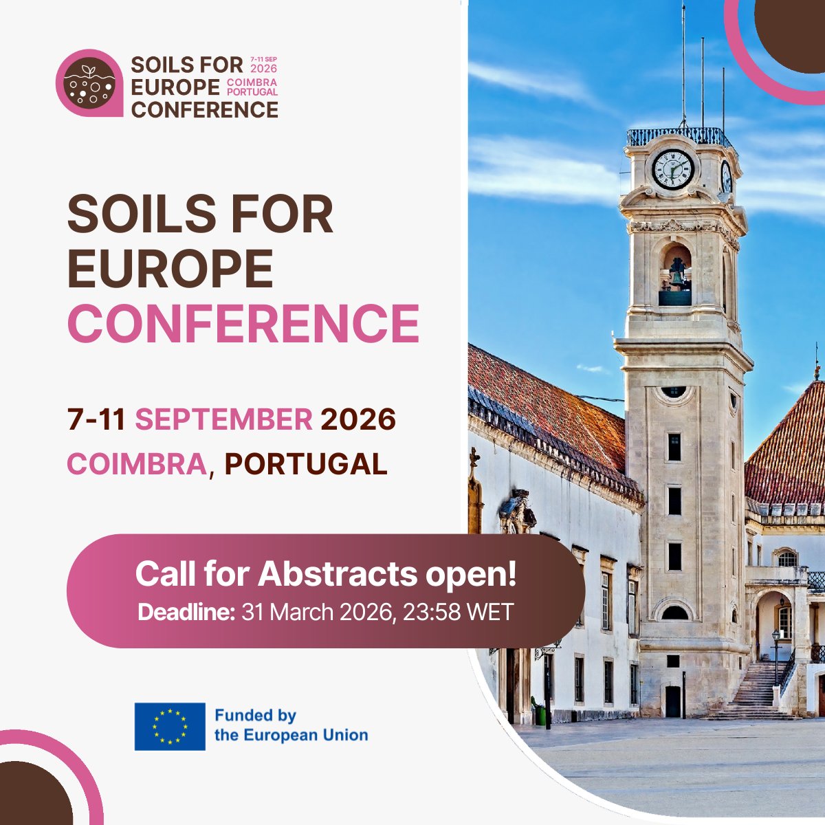soill2030's tweet photo. 📣🌱 #CallForAbstracts now open for the Soils for Europe Conference 2026!
Researchers, policymakers, and soil experts are invited to submit oral or poster contributions on Europe's key #SoilChallenges.
🗓 Deadline: 31 March 2026
👉 Submit your abstract: https://t.co/zjIky3KnQe https://t.co/wsI9yYK4HS