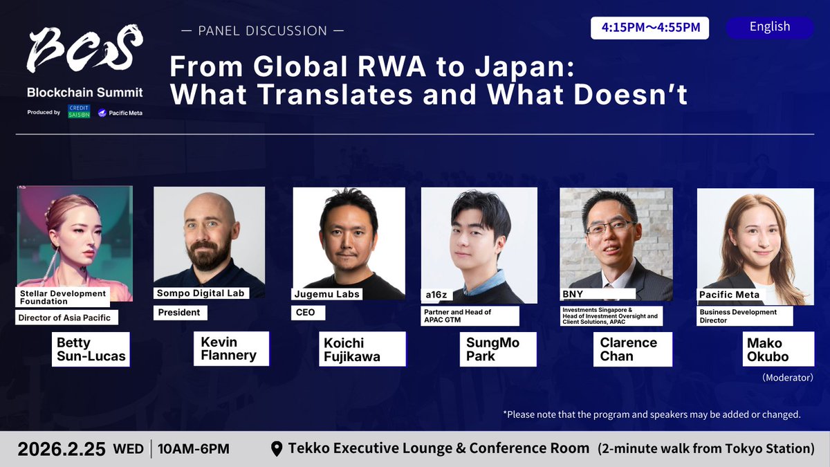 PacificMeta's tweet photo. [Around 40 Companies on Stage | Additional Speakers Announced]

"Blockchain Summit 2026"

We're excited to reveal additional speakers, featuring leading international companies.
From traditional finance to cutting-edge blockchain firms, top players from around the world are converging in Tokyo.

Speakers include:
Stellar Development Foundation / D3 LABS / LayerZero / DFNS / Ondo Finance / EMURGO / a16zcrypto / DBS / BNY / Circle and more

Don't miss this truly global lineup, only at #BCS2026.
See the image and thread below for details.

*Simultaneous EN/JP interpretation available
*Speaker lineup is subject to change.

▼ Register now
https://t.co/SiW4cOkXZA
