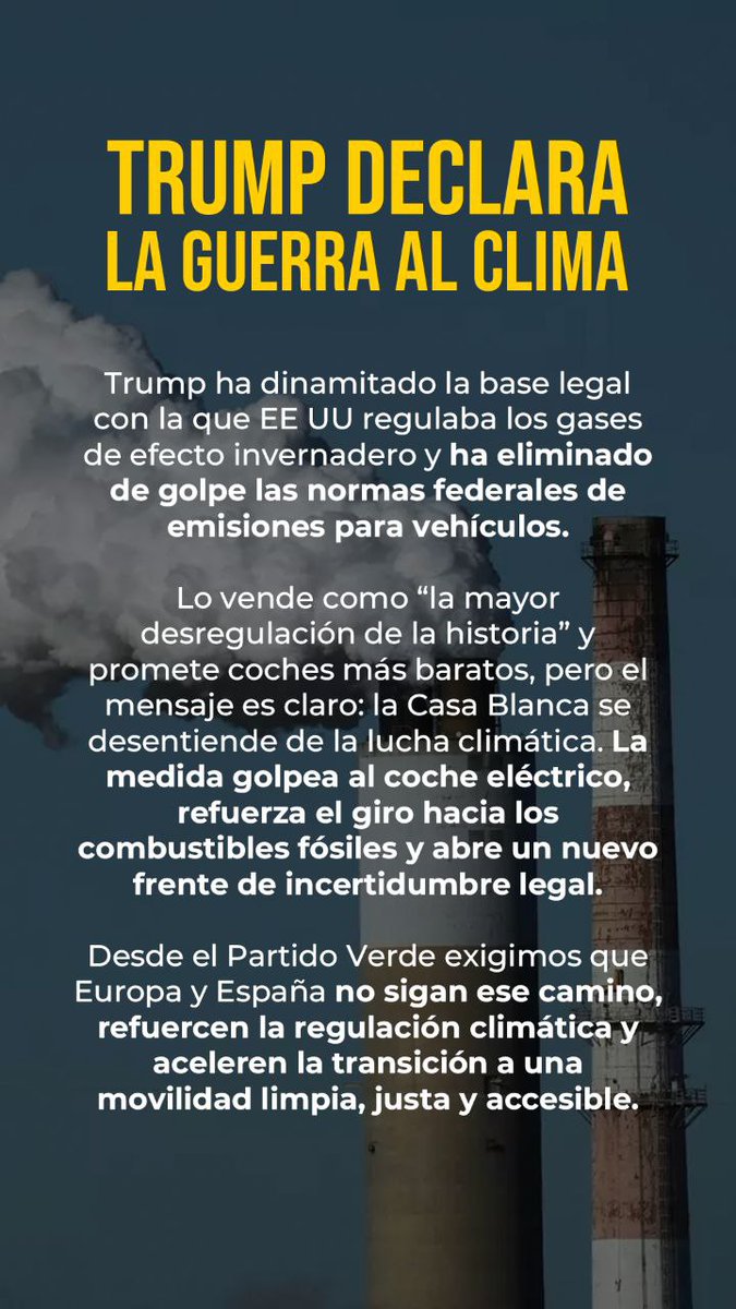 Desde el Partido Verde exigimos que Europa y España no sigan ese camino, refuercen la regulación climática y aceleren la transición a una movilidad limpia, justa y accesible.
#PoliticasVerdes