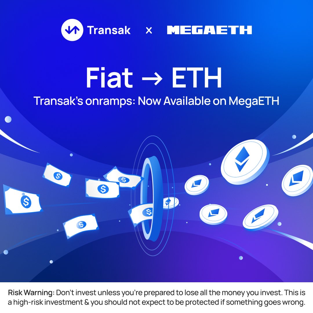Transak's tweet photo. 🐰 @MegaETH is now live on Transak.

We’re excited to support MegaETH from day one with seamless ETH on-ramps.
Available via cards, Apple Pay, Google Pay, and bank transfers.

Read More on @cryptodotnews ➡️ https://t.co/iLbeB4Na0D https://t.co/guVQU38mqX