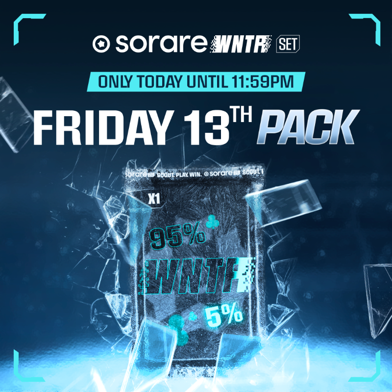 Sorare's tweet photo. Friday 13th: Destiny or drama? 👀

Step up and discover what’s inside the new Daily Pack Set

💎 2 gems
🃏 1 Card

⚡ 95% chance to land a Roster Player
🌟 4% chance to pull a Star
👑 1% chance to hit an Icon

Will the stars align for you today?

Open your pack and find out!