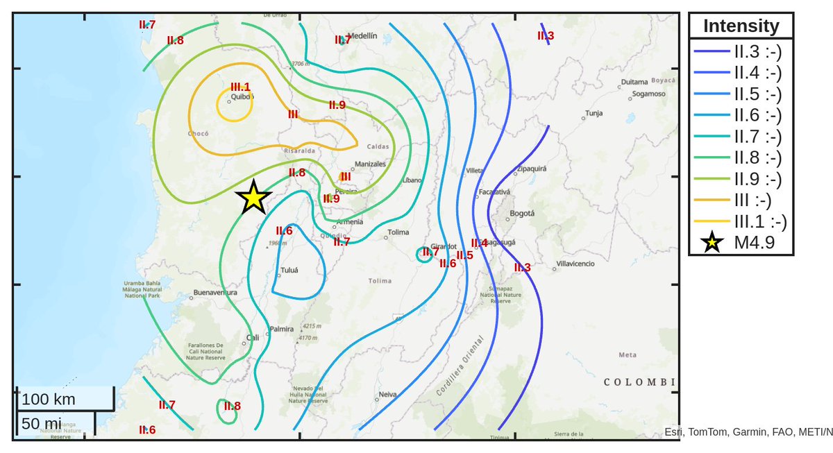 SismoDetector's tweet photo. Mapa de intensidad del #sismo M4.9 ocurrido a las 11:40:54 (UTC) con epicentro a 40 km de #Condoto, Colombia. Descarga la app Sismo Detector desde https://t.co/jS9crK4Riw para recibir alertas en tiempo real en tu smartphone https://t.co/l896u1CBB1