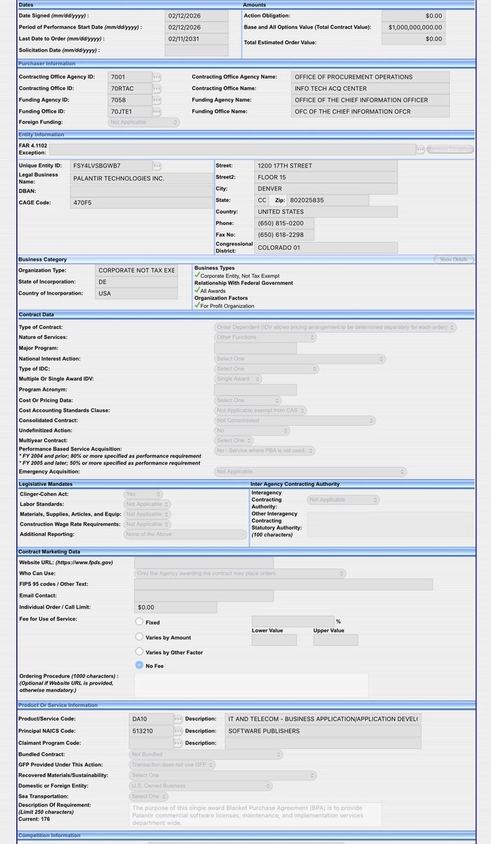 $PLTR 🚨Receieved 5 year $1B contract from the OFFICE OF PROCUREMENT OPERATIONS 🚨