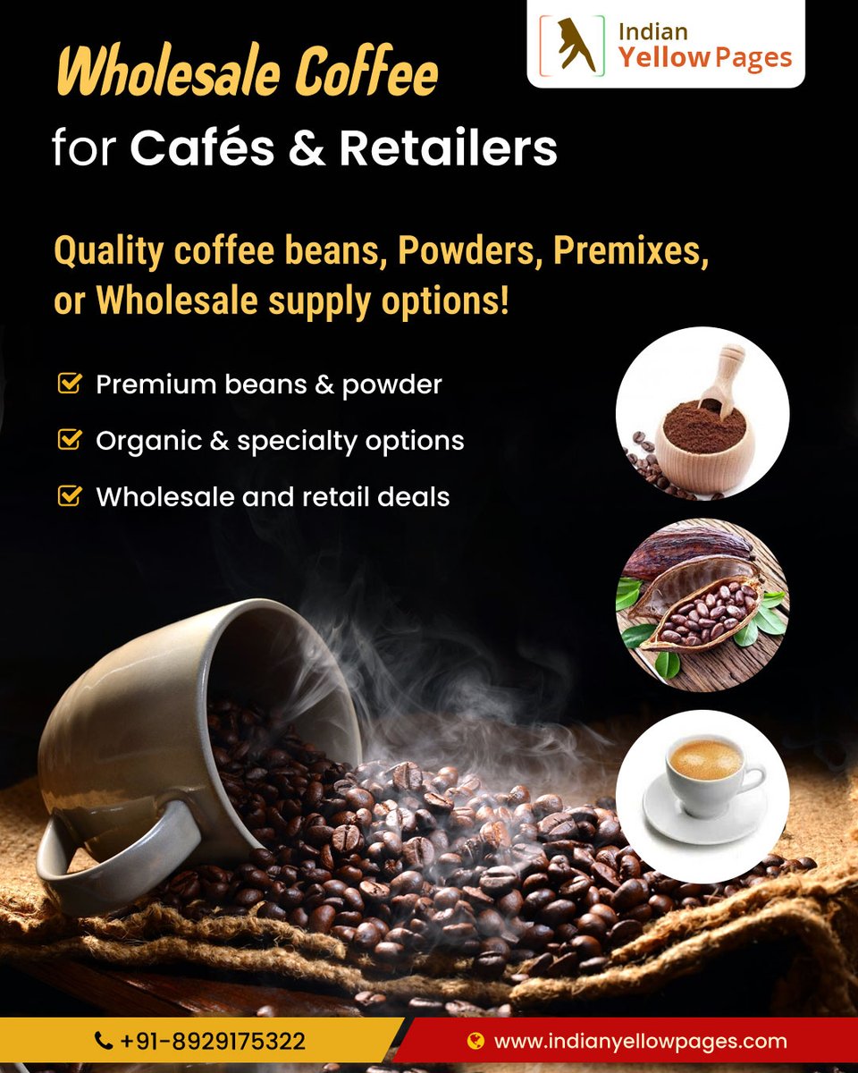 B2BClassifieds's tweet image. ☕🌟 Wholesale Coffee for Cafés &amp;amp; Retailers! 🌟☕

✔️ Premium coffee beans &amp;amp; powder
✔️ Organic &amp;amp; specialty varieties
✔️ Wholesale &amp;amp; retail deals
✔️ Coffee premixes for convenience

indianyellowpages.com/directory/coff…

#indianyellowpages #WholesaleCoffee #CoffeeSuppliers #CoffeeBeans