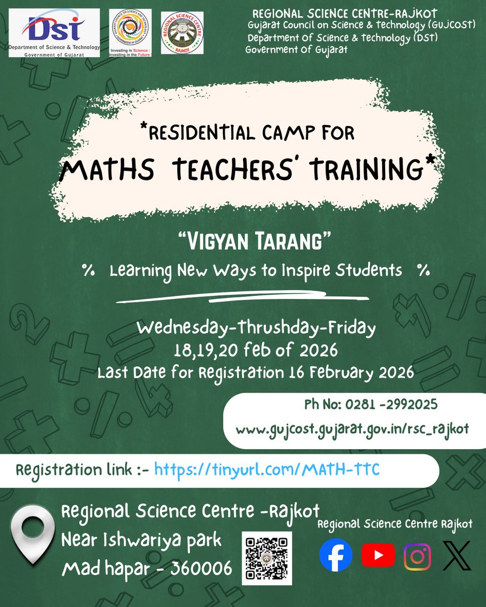 RSCRajkot's tweet image. Empowering #educators with #innovative strategies in #Mathematics! 📊📐
Teachers Training Program on Mathematics focused on conceptual clarity, activity-based learning &amp;amp; real-life applications.
Together, shaping confident math learners!
For Registration: tinyurl.com/MATH-TTC