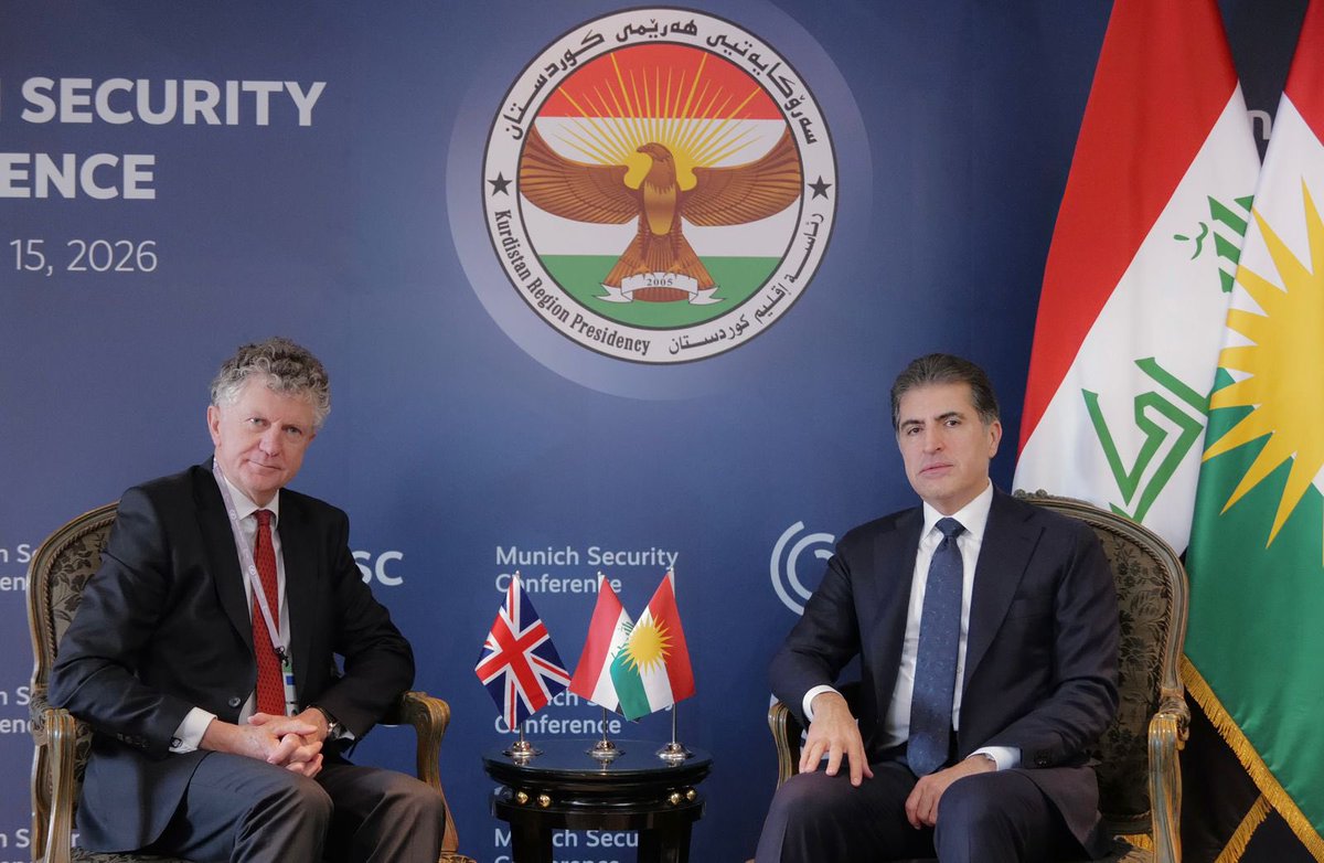MediaKRP's tweet photo. President Nechirvan Barzani met with Jonathan Powell, National Security Adviser of UK, at @MunSecConf. They discussed security developments in Iraq and the region, emphasizing continued cooperation against terrorism. Mr. Powell reaffirmed the UK’s support for Iraq and Kurdistan. https://t.co/ynIC7ik1F9