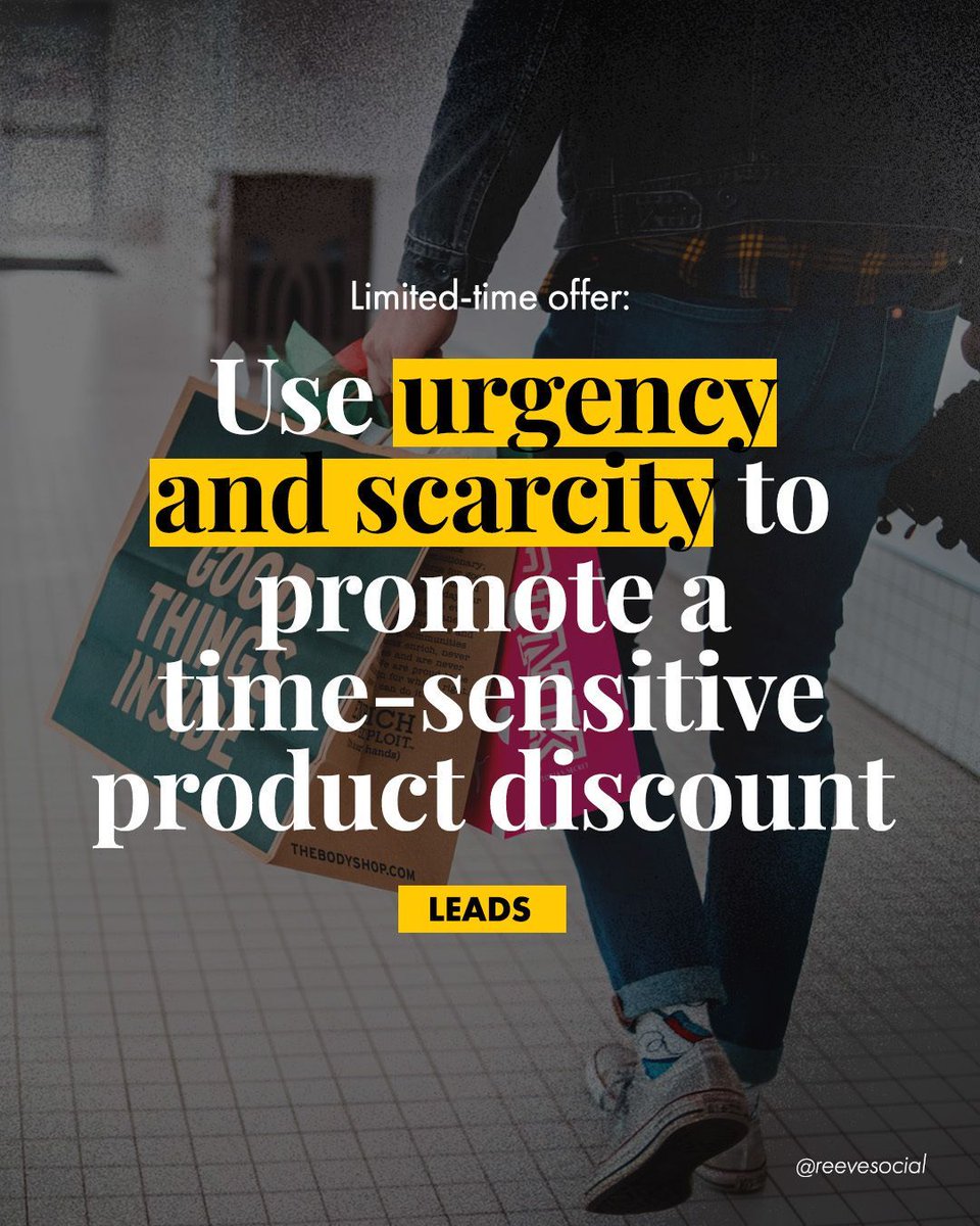 Social media that creates ➤ 𝗟𝗲𝗮𝗱𝘀

Increase your leads with some of these simple content types:

💡 Limited-time offer: Use urgency and scarcity to promote a time-sensitive product discount.

Purposeful social media, that creates impact. ®️✔️