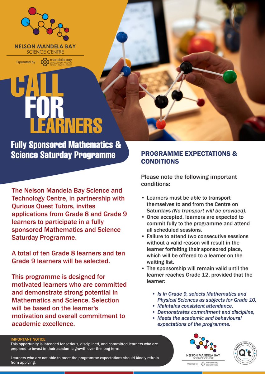 FULLY SPONSORED STEMI PATHWAYS FOR YOUNG LEARNERS IN NELSON MANDELA
>> Do you know a young person with the potential to excel in Maths and Science if they only had the right opportunity?
FULLY-SPONSORED Saturday programme for Grade 8 &amp; 9 learners REGISTER: tinyurl.com/STCsaturdaypro…