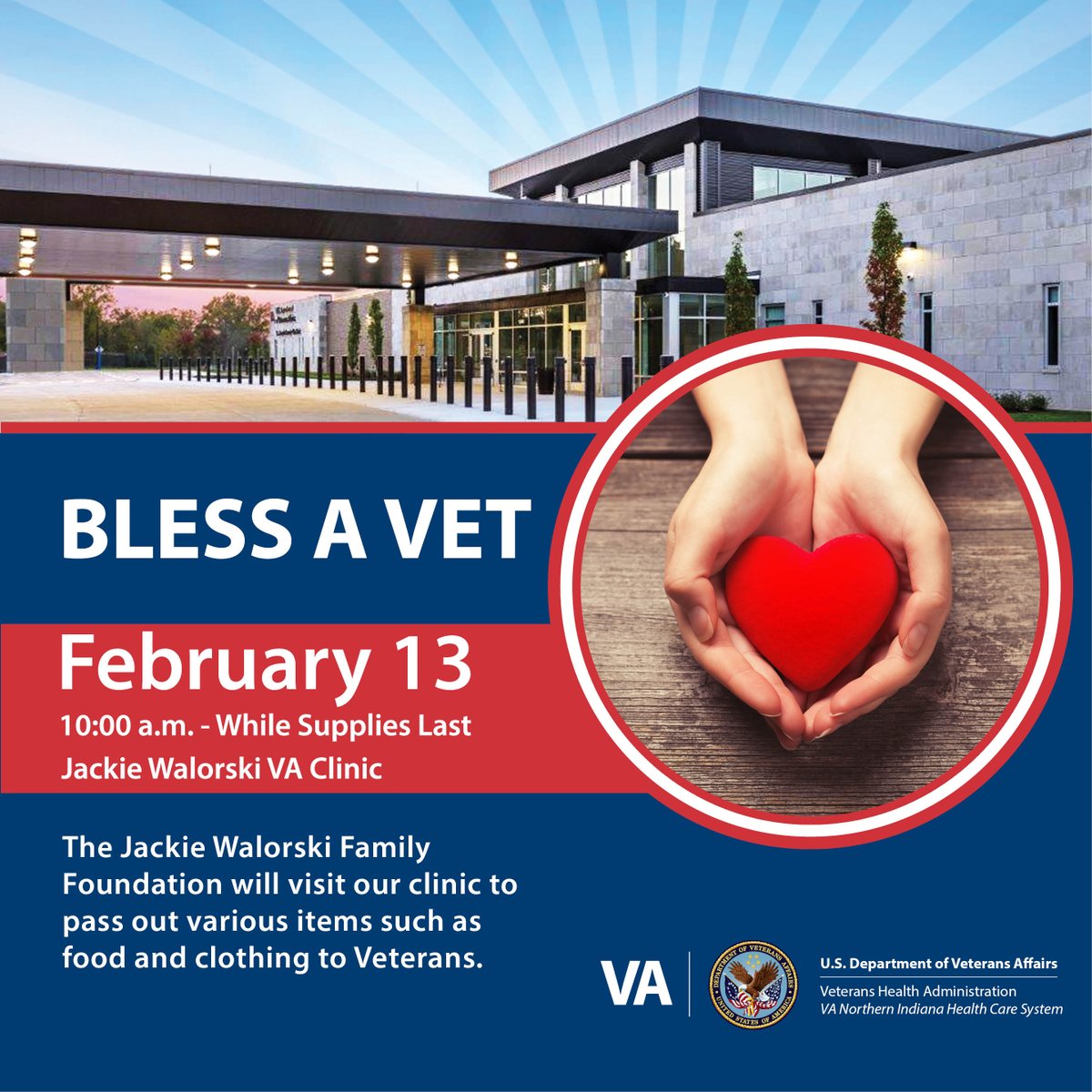 The Jackie Walorski Foundation will host a “Bless A Vet” event TODAY, Feb. 13, 10am – until supplies last, at the Jackie Walorski VA Clinic. The foundation will visit our clinic to pass out various items such as food and clothing to Veterans.

#veteran #hcsm #healthcare #chooseva