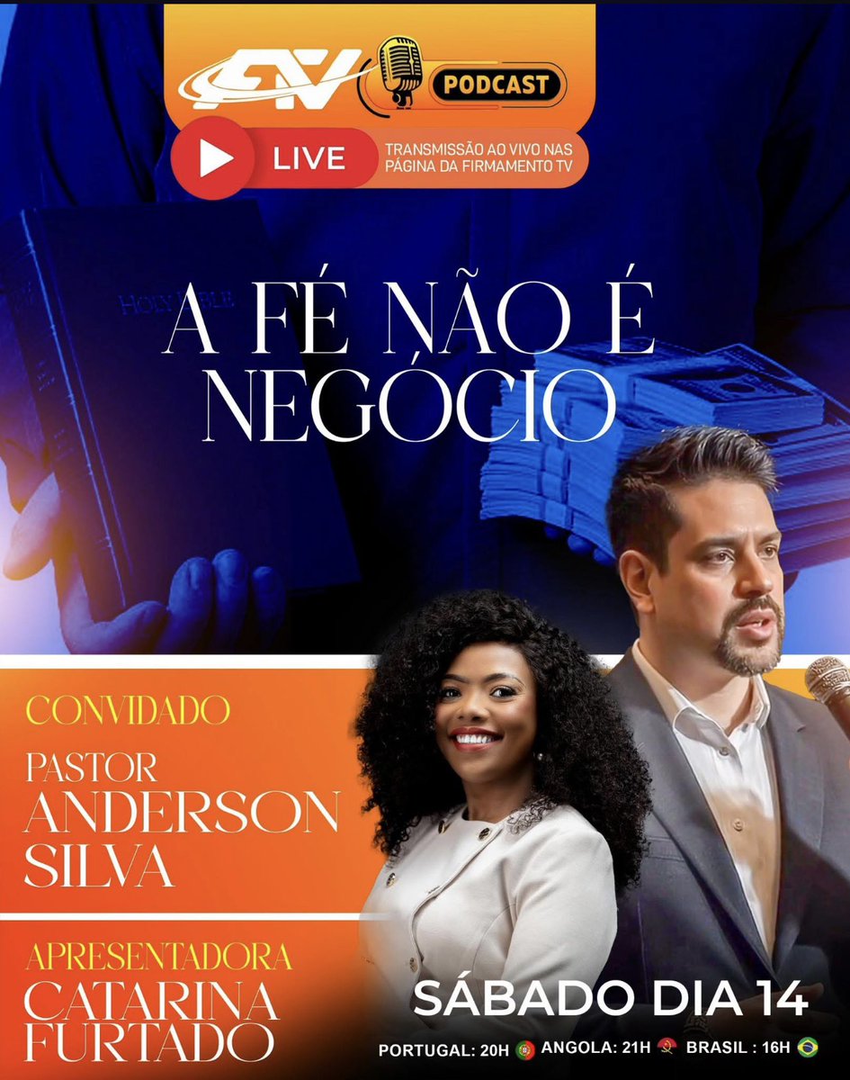 📢 **A FÉ NÃO É NEGÓCIO!** 🚨

Neste sábado, venha para um debate sem filtros sobre:

🤔 **Igreja ou Indústria?**  
💰 **Oferta ou Comércio?**  

🗓️ **Data:** Sábado, dia 14  
🇵🇹 **Portugal:** 20h  
🇦🇴 **Angola:** 21h  
🇧🇷 **Brasil:** 16h