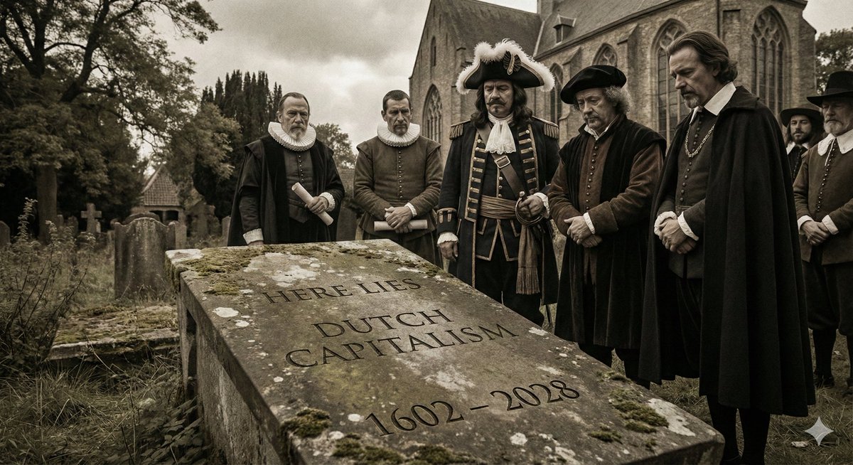 In Memoriam: Dutch Capitalism (1602–2028)

AMSTERDAM — With a heavy heart and lighter wallet, we announce the passing of Dutch Capitalism. It was 426 years old.
Born on Amsterdam's cobblestones, it gave the world the Stock Market and turned a swamp into a global warehouse.