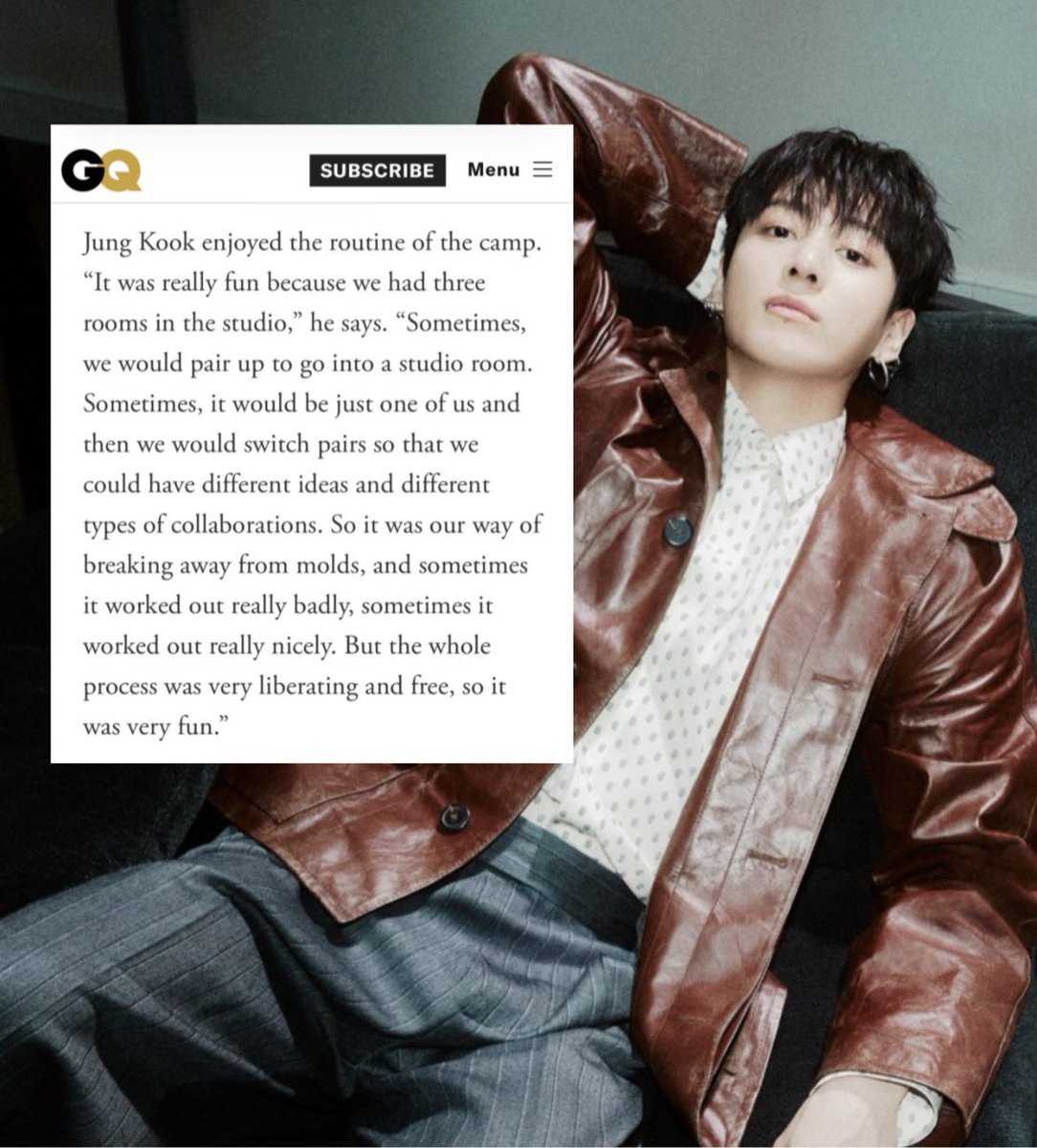 kooknesia's tweet image. Jungkook tentang rutinitas mengerjakan musik dengan anggota yang berkumpul di US untuk Majalah GQ:

“Itu sangat menyenangkan karena kami memiliki tiga kamar di studio, terkadang kami berpasangan untuk pergi ke ruang studio. Di lain waktu, itu hanya satu dari kami, +
